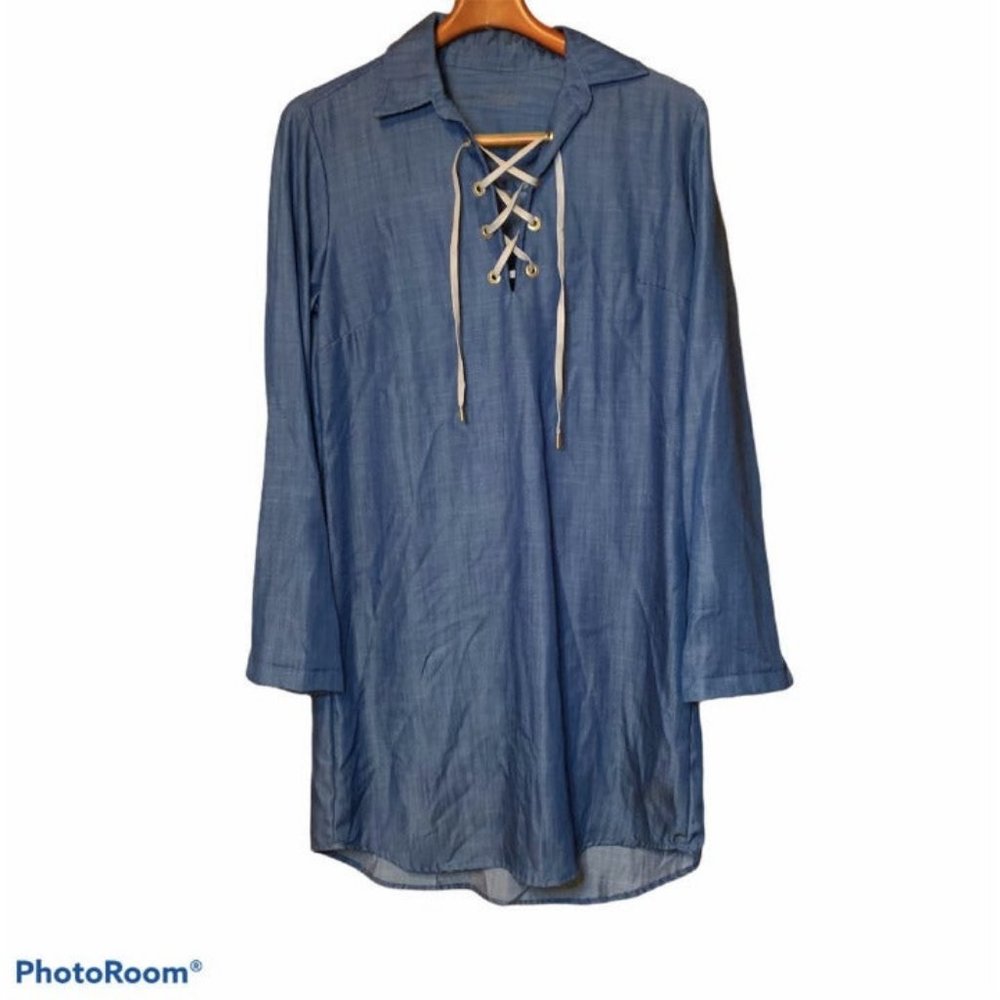 Never a Wallflower Blue Drawstring Neck Shirt Dress, Medium